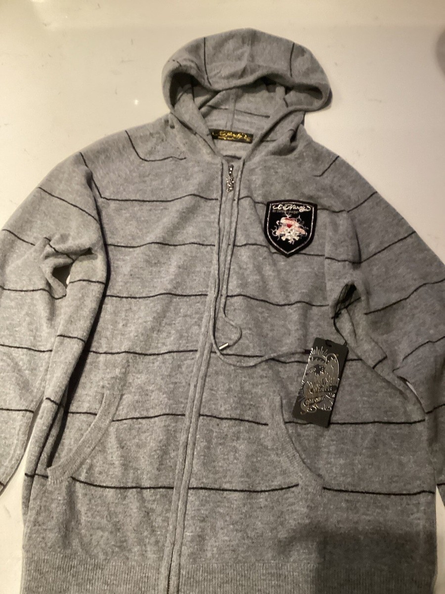 Ed Hardy NWT gray w/black stripes wool blend hooded sweater Sz XXL