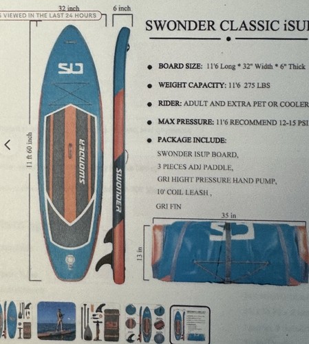Swonder 11'6"x32”,6”thick Inflatable Stand Up Paddle Board,3 piece Paddle.coral