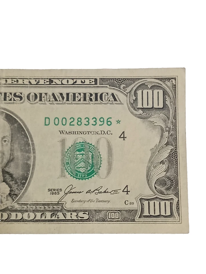 1985 100 Dollar Federal Reserve STAR Note No. D00283396*CHEVY Free  S/H - Image 2 of 4