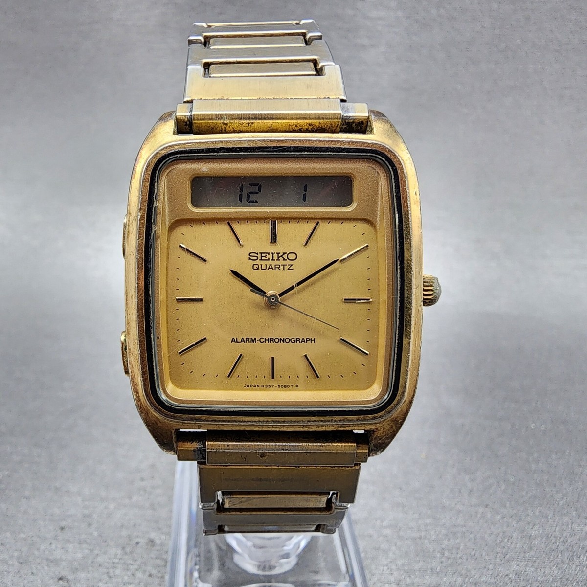 セイコー 14K 腕時計 Seiko Analog Digital Watch Men 31mm Gold Tone Rectangle Alarm