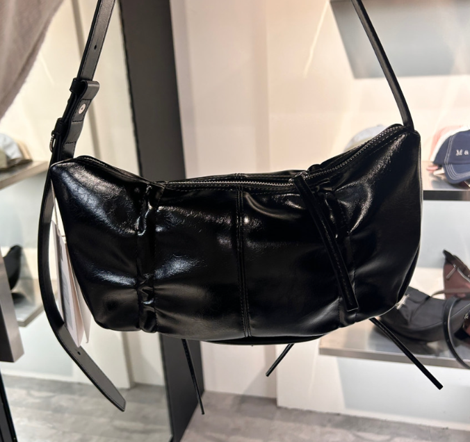 【Matin Kim】HALF SHIRRING RIBBON ROUND BAG IN BLACK Matin Kim Half Shirring Ribbon Round Bag Black Women's