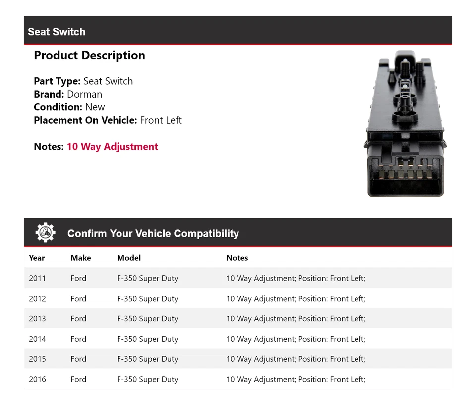 Переключатель переднего левого сиденья для Ford F-350 Super Duty Dorman 2011-2016 годов выпуска 2012 2013 2014 годов выпуска - Изображение 2 из 4