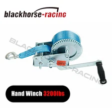 3200lbs Dual Gear Hand Crank Winch Nylon Strap for ATV Boat Trailer