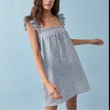 Reformation Albany Checkered Dress Blue white linen ruffle mini nap Gingham