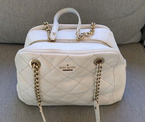 Vintage Kate Spade Quilted Purse White Leather Handbag Bag Chain Strap Tote - Picture 13 of 18