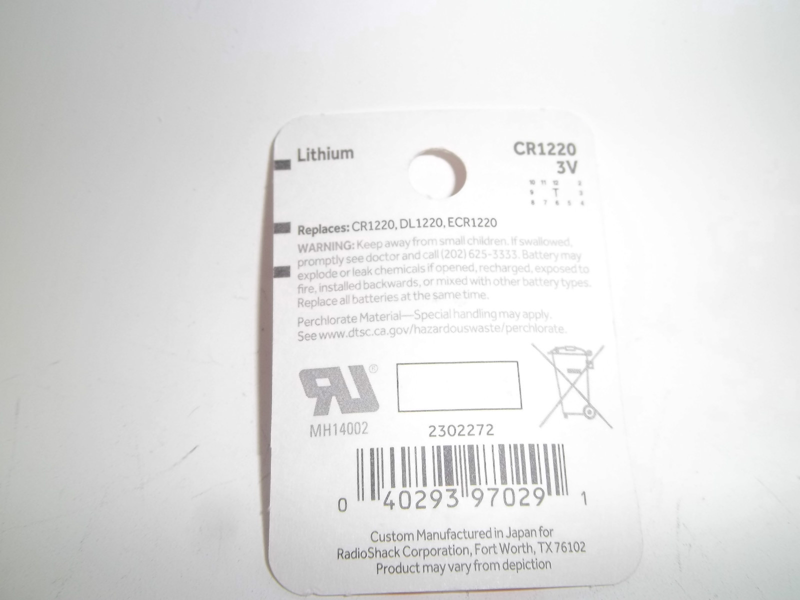 RadioShack Cr1220 3v/38mah Lithium Coin Cell Battery for sale online eBay