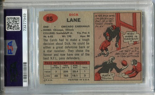 1957 Topps #85 Dick Lane PSA 4 VG-EX Chicago Cardinals - Bild 2 von 2
