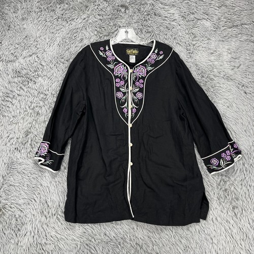 Bob Mackie Linen Blend Blouse Top Women's L Black Flower Embroidered Artsy Boho