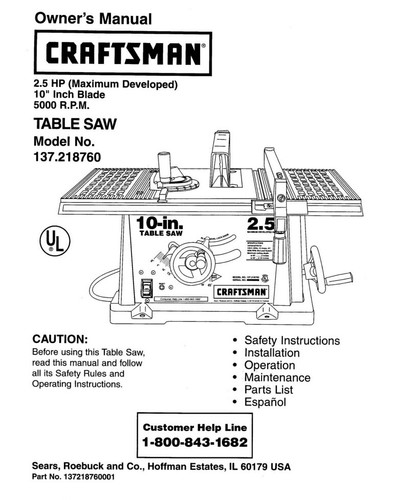 Craftsman 137.218760 Table Saw Owners 