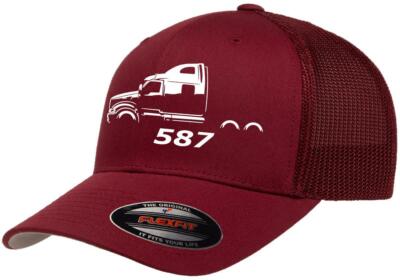 Big Rig Peterbilt 587 Semi Truck Outline Flexfit Cap - Black Trucker Mesh Hat, One Size Fits All