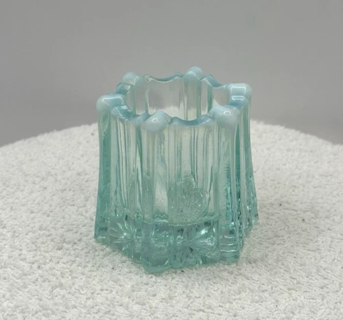 Vintage FENTON Aqua Six-Sided Paneled TOOTHPICK HOLDER Opalescent 2"