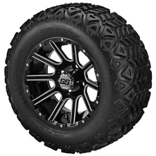 (4) Golf Cart 22x11-12 Black Trail Tires on 12x7 Black/Ball Milled Venom Wheels