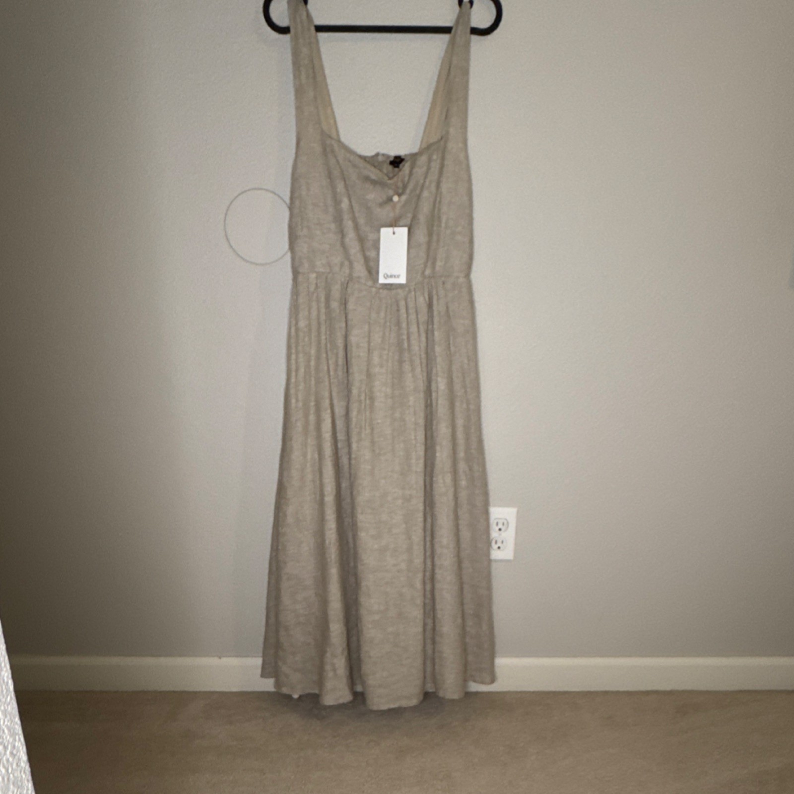 Quince Beige Linen Cotton Maxi Dress L Square Neck Strappy Sleeveless Button