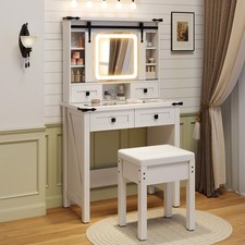 Farmhouse Dressing Table and Stool Set w/3-Color Dimmable LED Lights-White