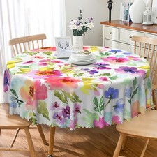 Spring Floral Round Tablecloth 54 Inch Colorful Watercolor Flowers with Leave...