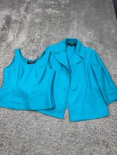 Kasper Blazer Women 4 Petite Turquoise Linen Jacket Pleated Tank Top 2pc Set
