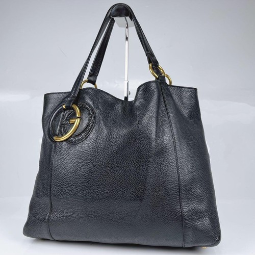 GUCCI interlocking G interlocking black leather GG bag back handbag tote bag lad