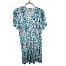 Sahalie Collection Floral Midi Dress V Neck Short Sleeve Smocked Waist Sz 16