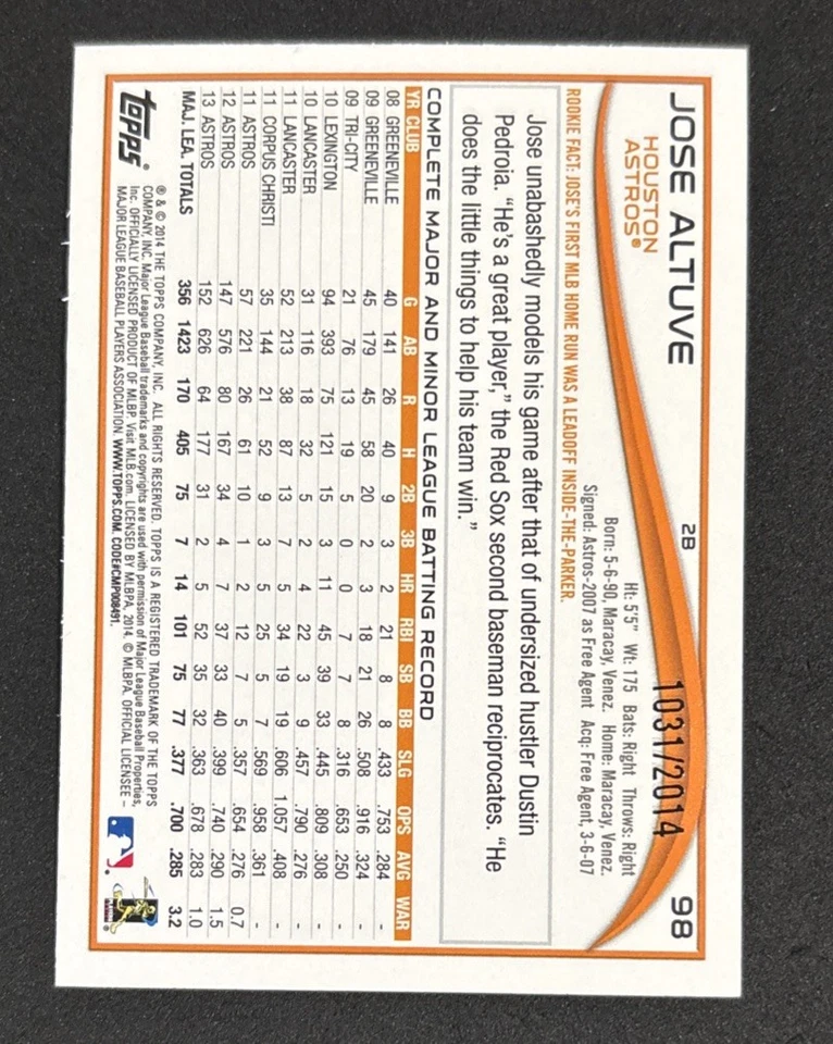 2014 Topps Opening Day #98 Jose Altuve Blue Holofoil /2014 Houston Astros - Image 2 of 2