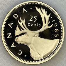 1985 CANADA 25 CENTS PROOF CARIBOU QUARTER HEAVY CAMEO COIN