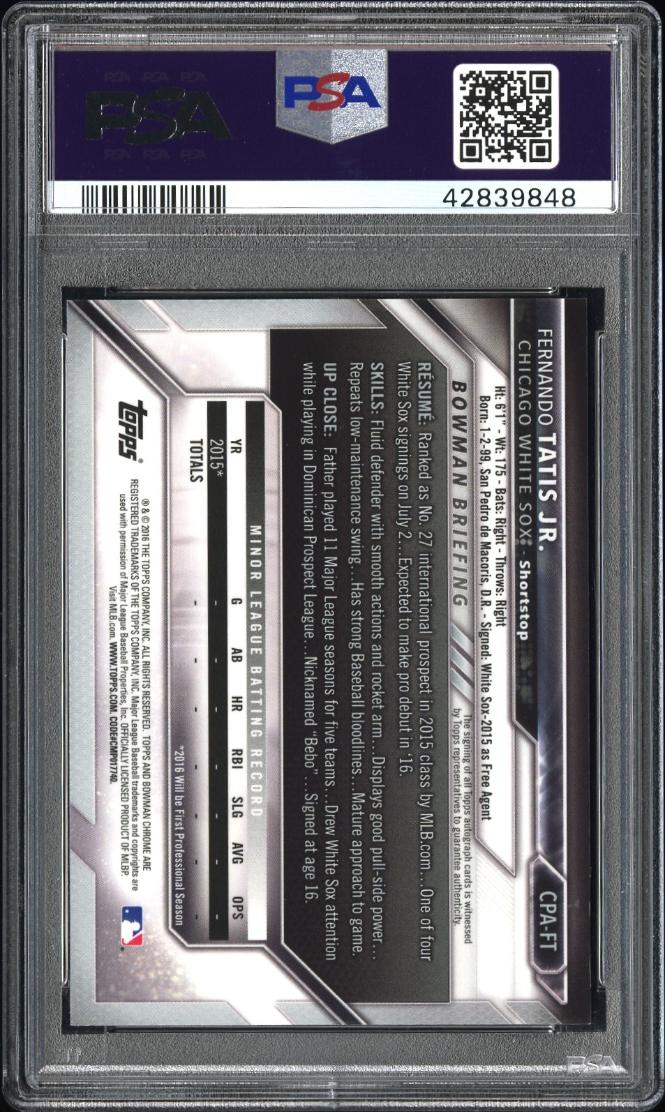 2016 BOWMAN CHROME PROSPECTS AUTO #FT FERNANDO TATIS JR. PSA 10 AUTO 10 view 2