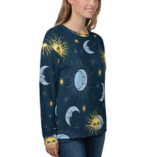 Celestial Print Crewneck Sweatshirt Women's Navy Sun Moon Star Pattern Cotton