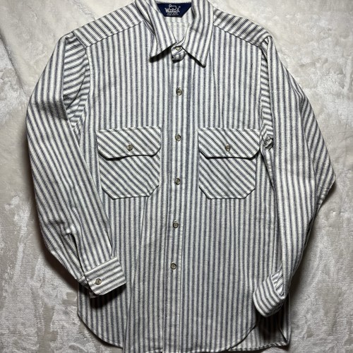 Vintage 90s Woolrich Button Up Shirt White Gray Stripe Chore Outdoor Flannel M - Picture 7 of 14