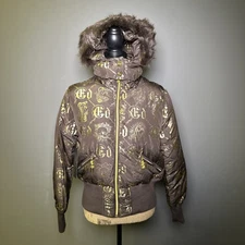 Ed Hardy by Christian Audigier Cropped Puffer Y2K Coat Brown/Gold  NWT