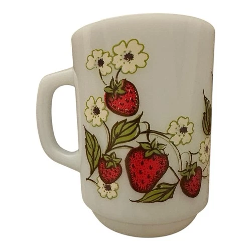 Vintage Anchor Hocking Fire King Coffee Mug Strawberry Fields Milk Glass