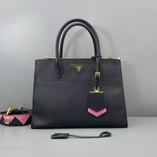 Prada Paradigm 2Way Shoulder Bag Black Leather Gold Hardware Fabric Strap AUTH