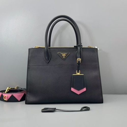 Prada Paradigm 2Way Shoulder Bag Black Leather Gold Hardware Fabric Strap AUTH