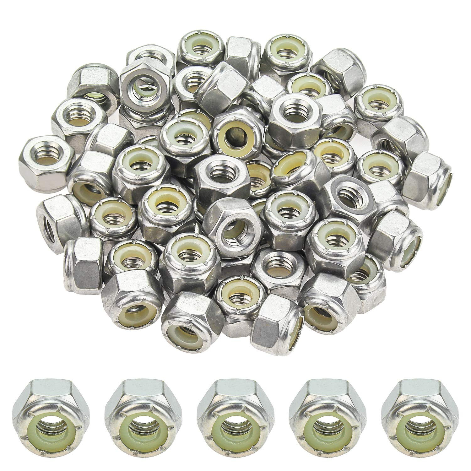 60 Pieces 1/4"-20 Nylon Insert Hex Lock Nuts, 304 Stainless Steel