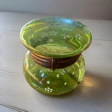 Antique Moser Bohemian Green Art Glass Hinged Powder Jar Trinket Box Gold trim