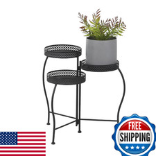 Deco 79 Metal 3-Tier Folding Plant Stand Indoor/Outdoor Curved Shelf Black