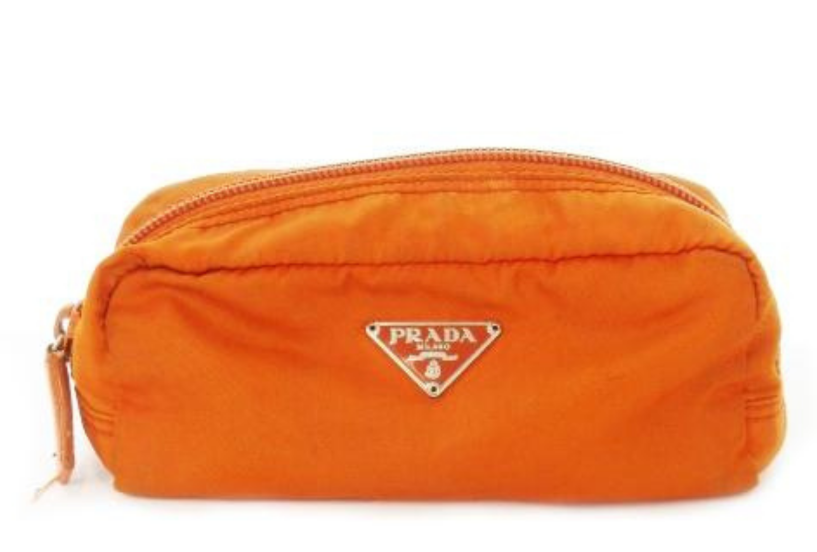 Authentic Prada Orange Nylon Pouch with Triangle Logo Plate