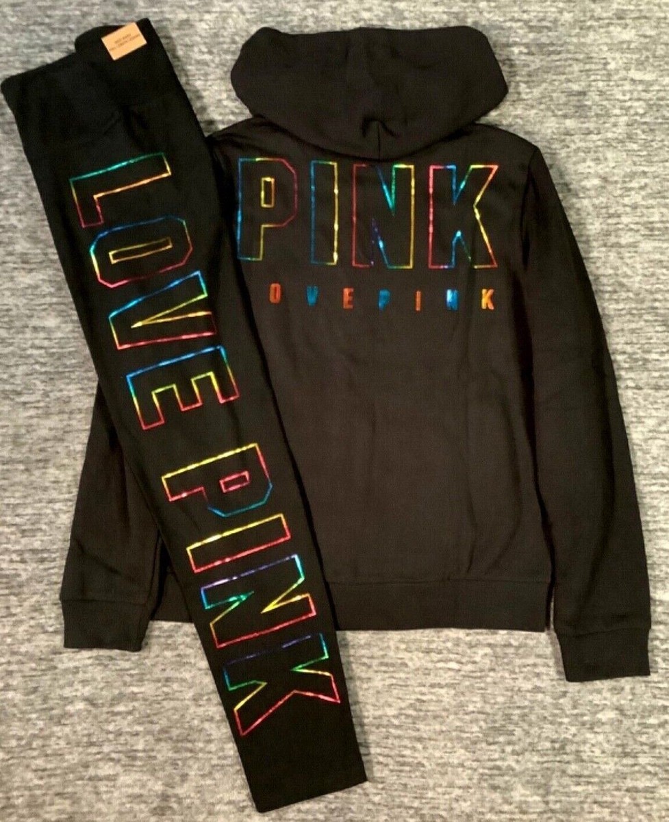 Victoria's Secret Pink Bling Ombre Rainbow FZ Hoodie + Leggings