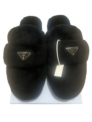 Womens Prada Triangle-logo Shearling Mules 38.5