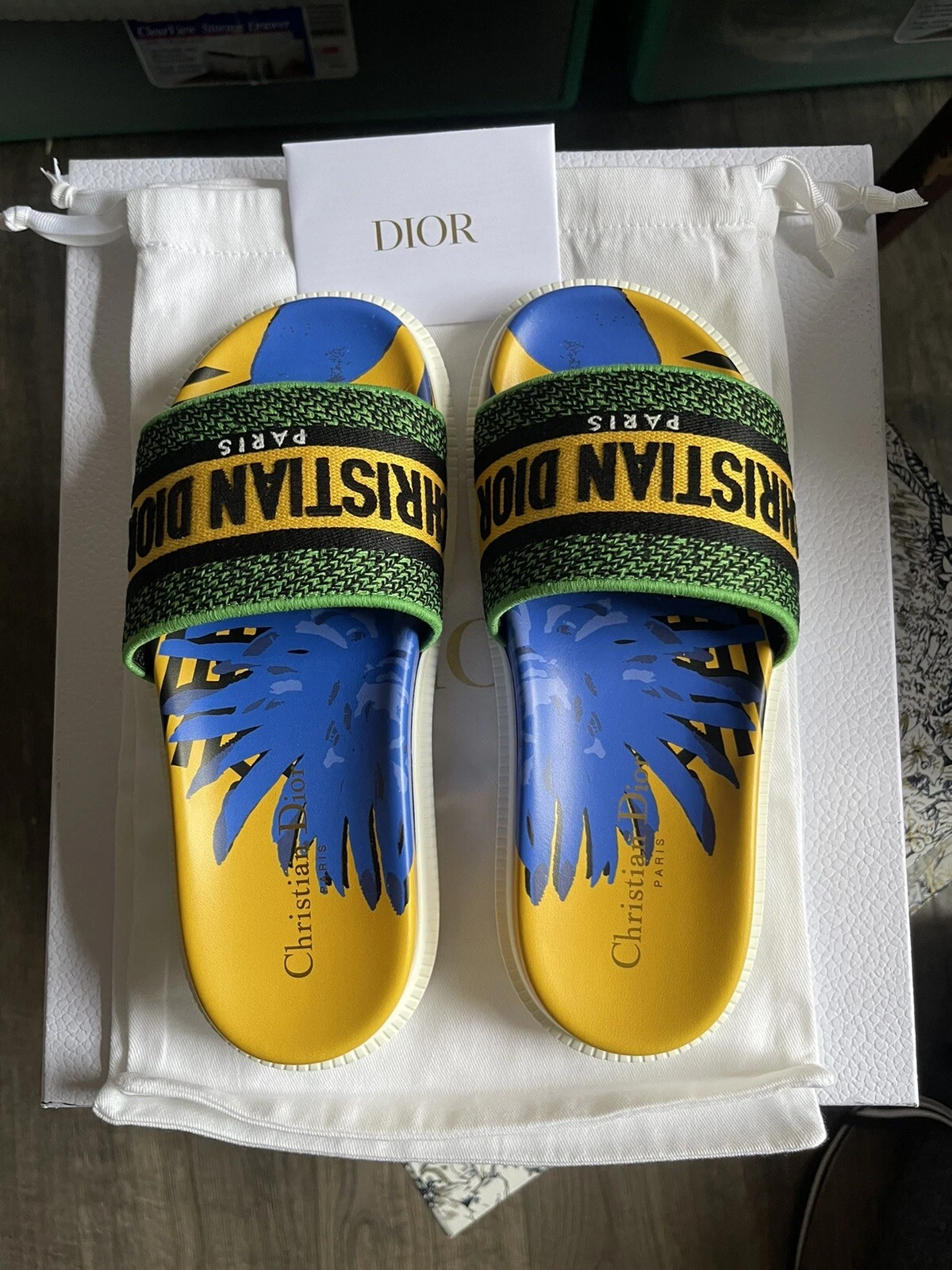 Neuf broderie coton authentique Dior Dway Slide multicolore fleur D pop
