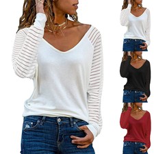 Damen V-Neck Langarm T-Shirt Bluse Basic Tops...