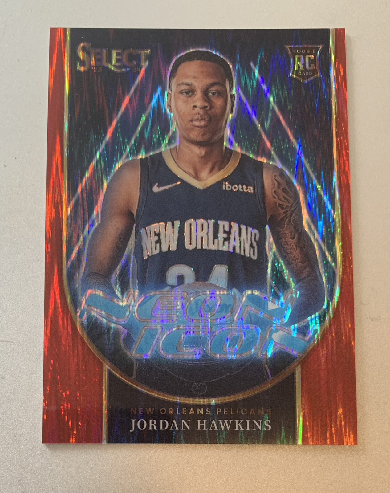 JORDAN HAWKINS 2023-24 SELECT #25 NEON ICONS RED FLASH PRIZM /99 ROOKIE RC