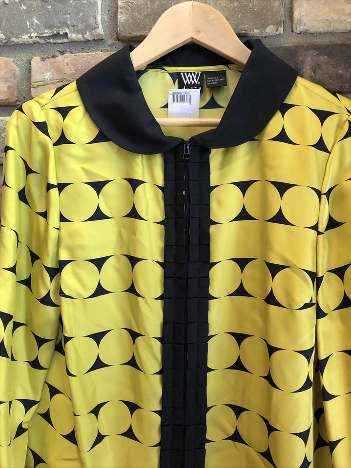 Blusa Worth Citron Amarillo Negro Seda Años 60 Mod Estampado Círculo S Pequeña Nueva Con Etiquetas Cremallera Frontal Foto 2 de 4