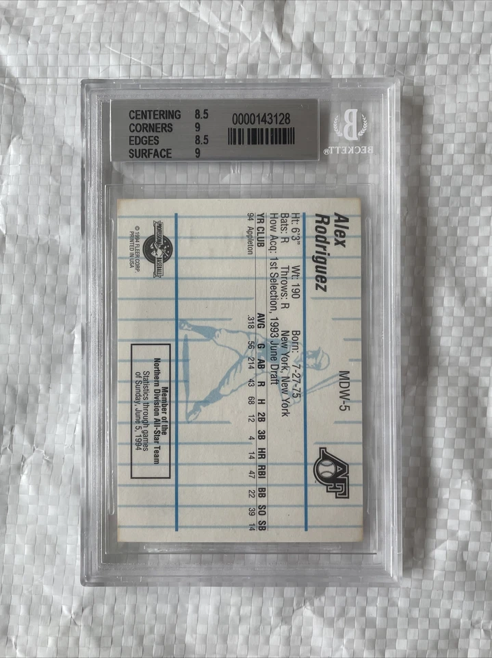 1994 Fleer ProCards Midwest League All-Star Game Alex Rodriguez BGS 8.5 RARE RC - Image 2 of 2