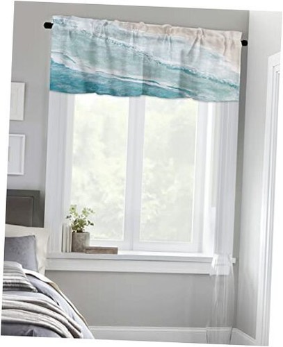 Summer Valances Curtain for Kitchen Cafe,Watercolor Ocean Beach 42x18in Blue