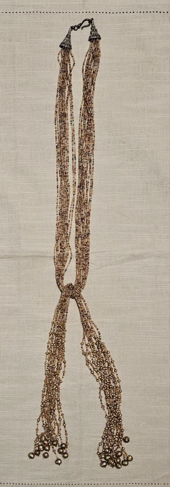 Collar extra largo de cuentas y perlas de bronce dorado de 12 hilos cierre de gancho de plata Foto 2 de 4