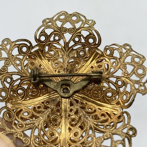 Vintage Gold Vermeil Filigree Flower Lace Brooch Pin Floral Statement 1 7/8" - Picture 7 of 7