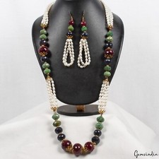 30" Long Natural Multi Color Beaded Handmade Pearl Necklace w/Earrings 1240.20Ct