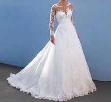 Elegant A-Line Wedding Dresses Illusion Sleeves Lace Appliques Bridal Gown Train