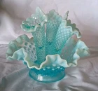Vintage Fenton Blue Opalescent Hobnail 3 Horn Epergne Vase
