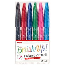 Pentel Brush Touch Sign Pen 6 Color Set A SES15C-6STA Water-Based Japan