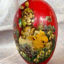 VINTAGE 1920s BUNNY & CHICK GERMAN PAPIER MACHE EASTER EGG CANDY CONTAINER